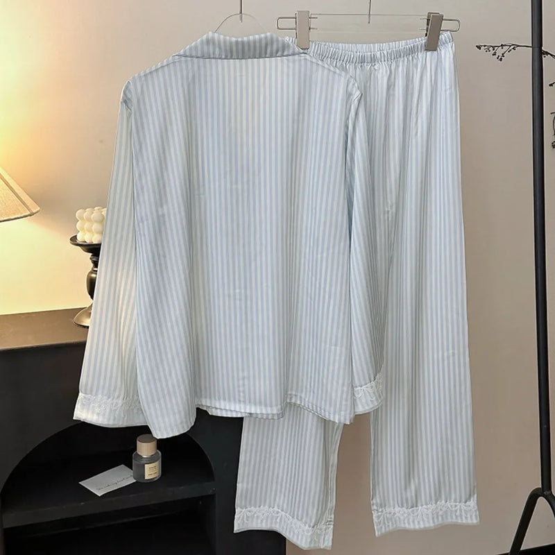 Ice Silk Striped Long Sleeve Women's Pajamas Set Nightie Autumn Ladies Two-Piece Set Sleepwear Woman Home Wear Pyjama Femmes
