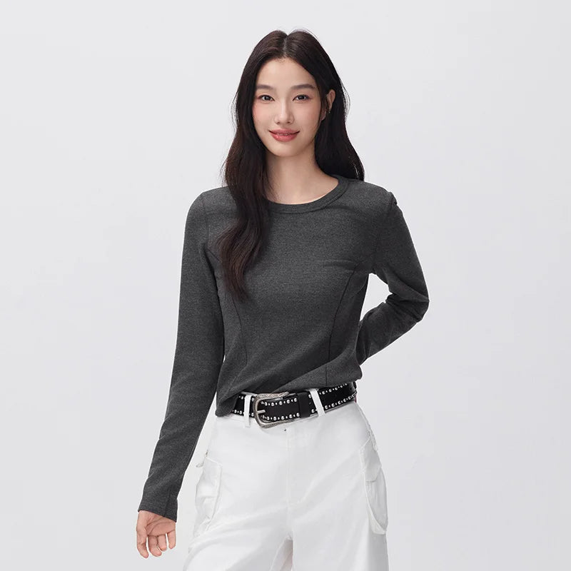 Semir Women Knit Tshirt Cropped Solid Color Crew Neck Brushed Fabric Slim Fit Panel Design Minimal Design 2026 New