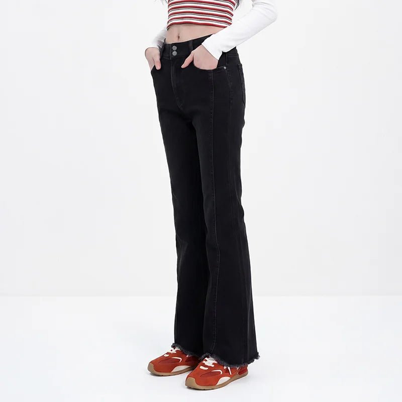 Semir Women Jeans Split Flare Raw Hem Washed Retro Slim Look 2026 Autumn Street Style Soft Denim Long Pants Daily Wear