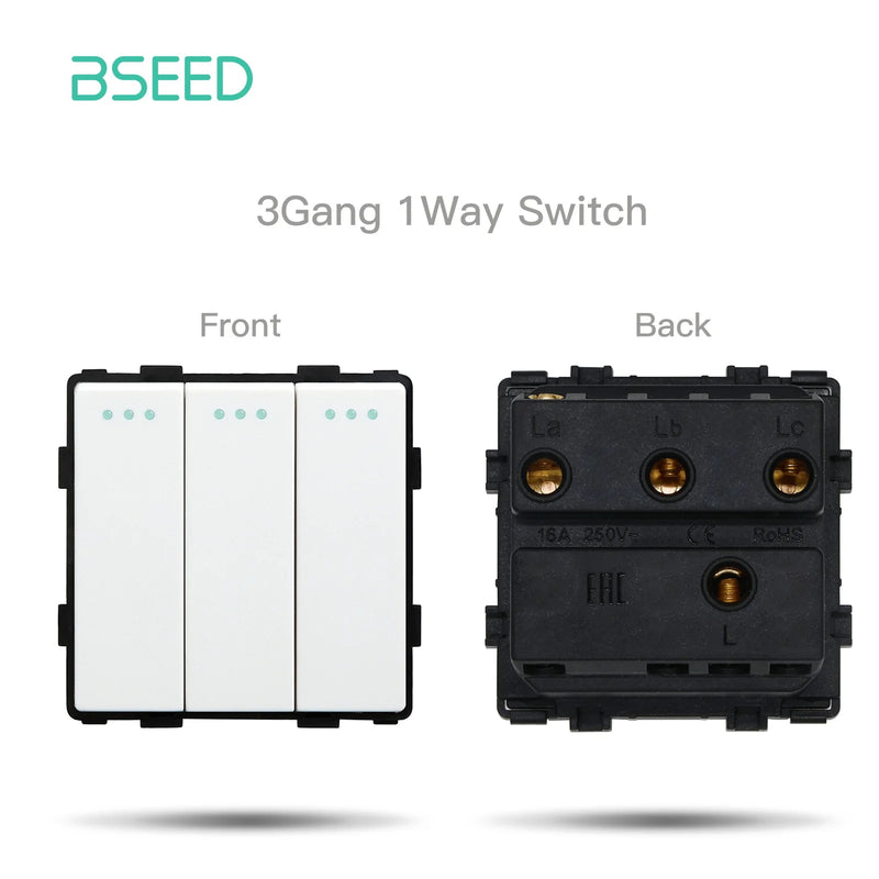 BSEED Mechanical Button Switch Module Part 1/2/3Gang 1/2Way Wall Socket Function Parts Glass Frame White Black DIY Combination