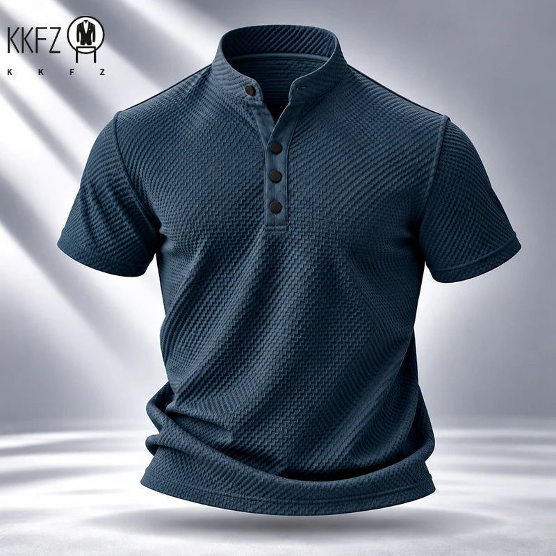 Mens Stand Collar Short Sleeve Shirt Soft Durable Waffle Premium Fabric Suitable For Daily Walking And Light Sports Occasions