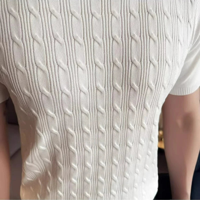Men's Summer Slim Fit Knitted Polo Shirt - Mature Style Short Sleeve Grid Pattern Business Casual Top with Contrast Collar