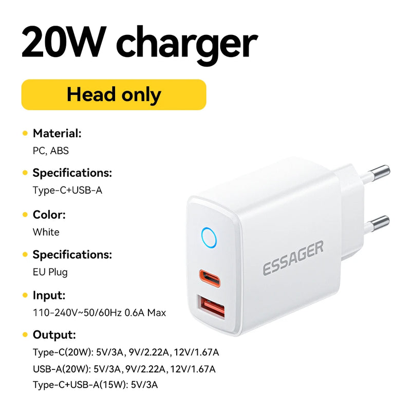 ឆ្នាំងសាកចល័ត Essager PD 20W សាកលឿនសម្រាប់ iPhone16 15 14 13 12 11 Pro Max USB Type C PD សាកលឿន ឆ្នាំងសាកទូរស័ព្ទ USB C