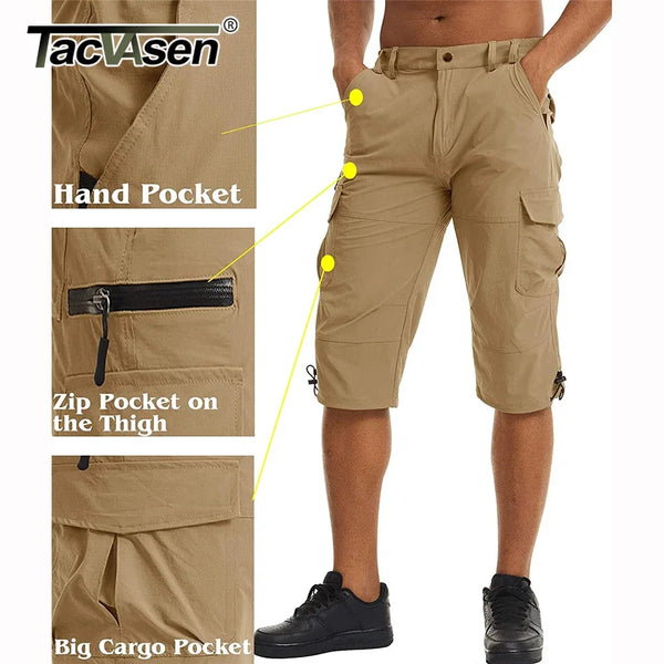 TACVASEN Men's Cargo Work Shorts Quick Dry 3/4 Length Capri Pants Multi-pockets Knee Length Trousers Summer Board Beach Shorts