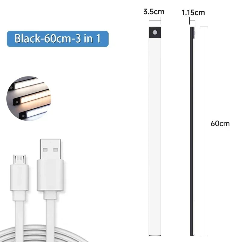 10-60CM Motion Sensor LED Night Light Wireless USB Rechargeable Under Cabinet Lights Ultra Thin Long Bar Lamp Kitchen Bedside