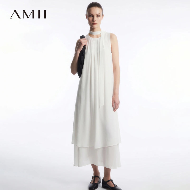 Amii Chiffon Women's Dress 2026 Summer New Tie Neck Spaghetti Strap Two-Piece Set Holiday Casual Slip Dress for Women 12652076