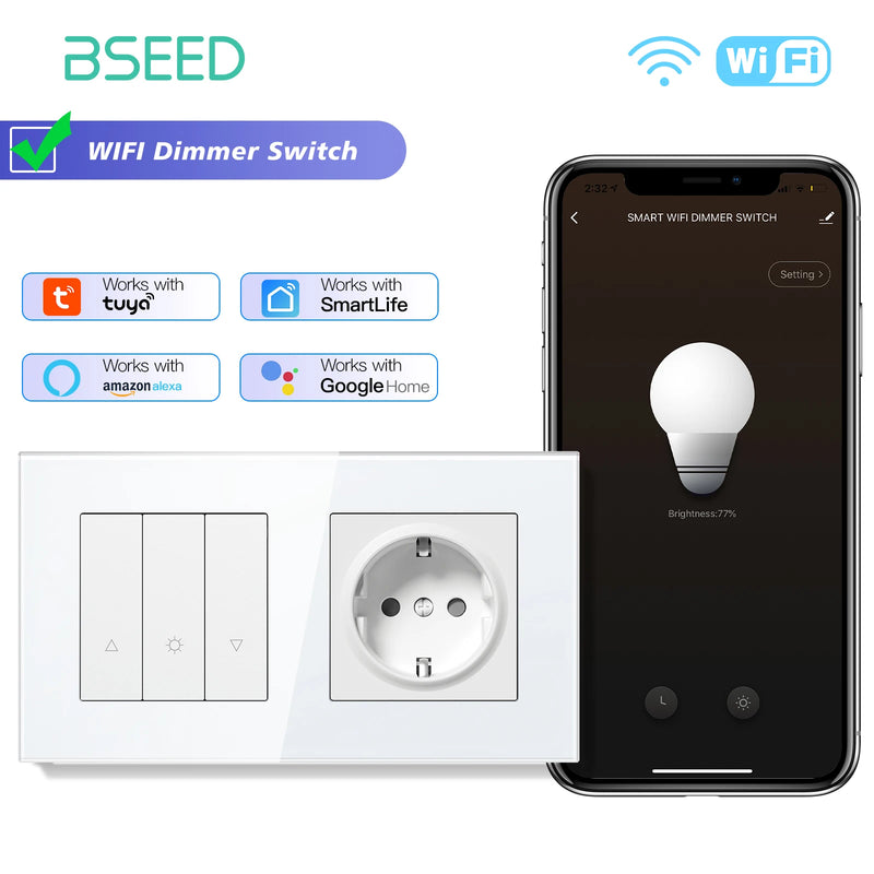 BSEED WIFI Dimmer Switch 1/2/3/4Gang Smart Click Button Switch Glass Panel White LED Indicator Tuya Smart Life Alexa Control