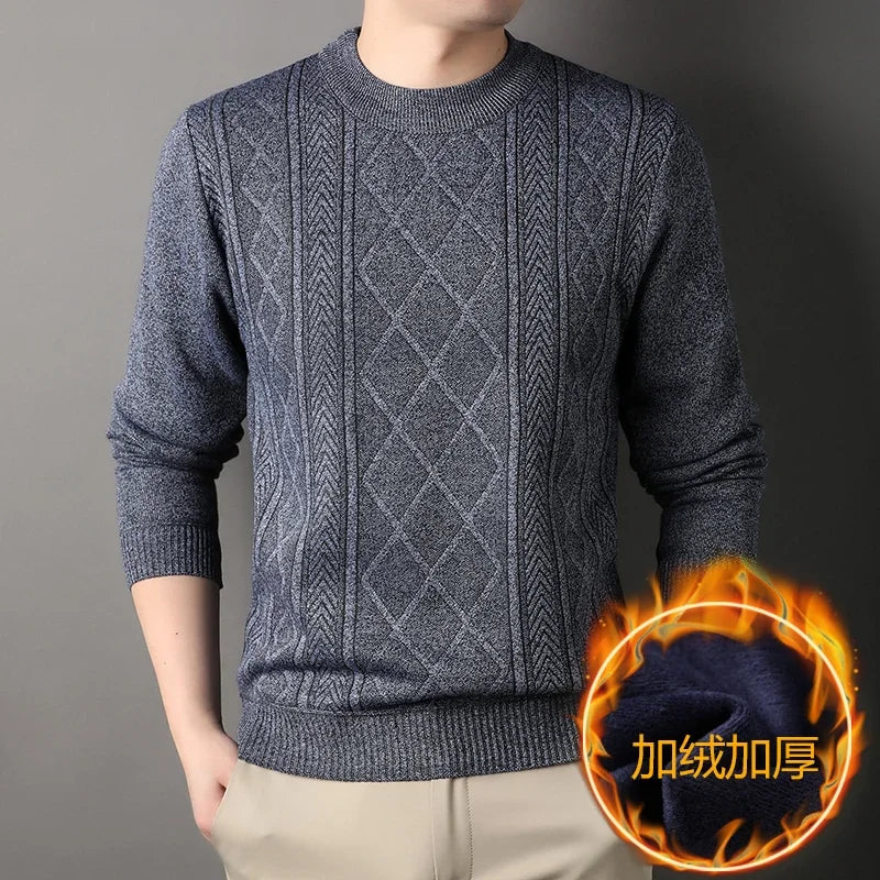 Elastic Rib Cuffs Male Crew Neck Sweater Thickened Plush Interior Mixed Jacquard Knitting Autumn Outdoor Leisure Top