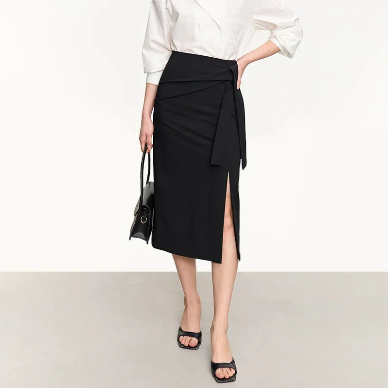 AMII Minimalist 2026 Autumn Skirts For Women New Temperament Tie Split Straight A-Line Solid Skirt Office Lady Clothing 12342411