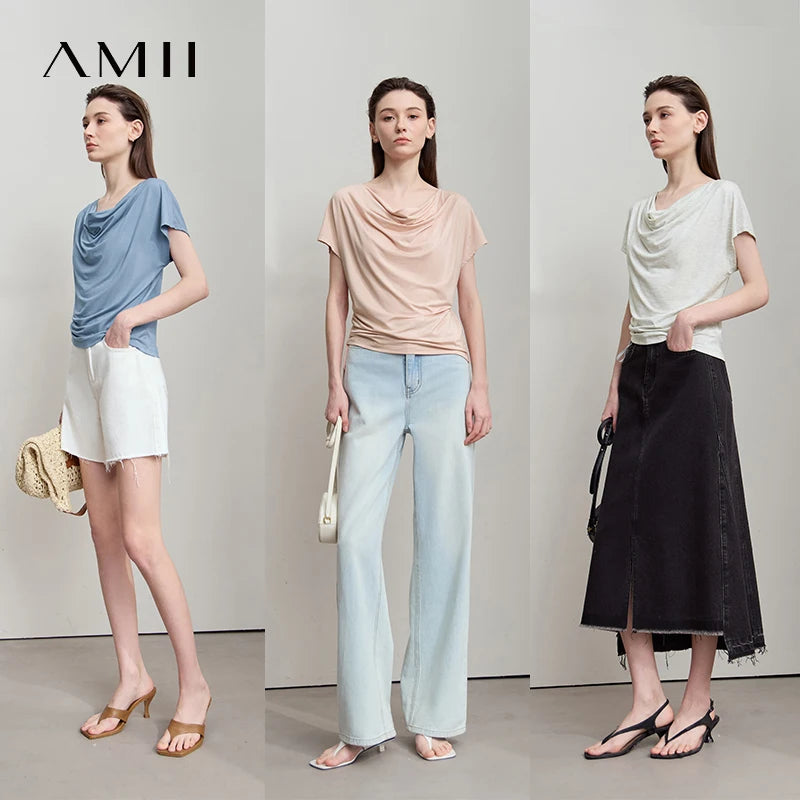 AMII Minimalist Soft Loose T-Shirt Summer Fashion Tees Unique Design Swing Neck Short Sleeve Knit Top Women Clothing 12512056