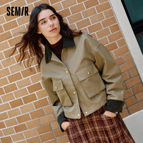 អាវក្រៅស្ត្រី Semir ធន់នឹងទឹក ធន់នឹងខ្យល់ ធន់នឹងស្នាមប្រឡាក់ កអាវ Corduroy ពណ៌ចម្រុះ អាវក្រៅខ្លីរលុងសម្រាប់រដូវស្លឹកឈើជ្រុះ ឆ្នាំ២០២៦