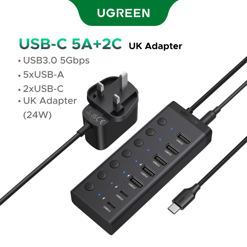 UGREEN USB-A/C HUB 7 Ports with DC Adapter US/EU/UK Plug USB3.0 5Gbps Data Transfer for Desktop PC Laptop USB Splitter Docking