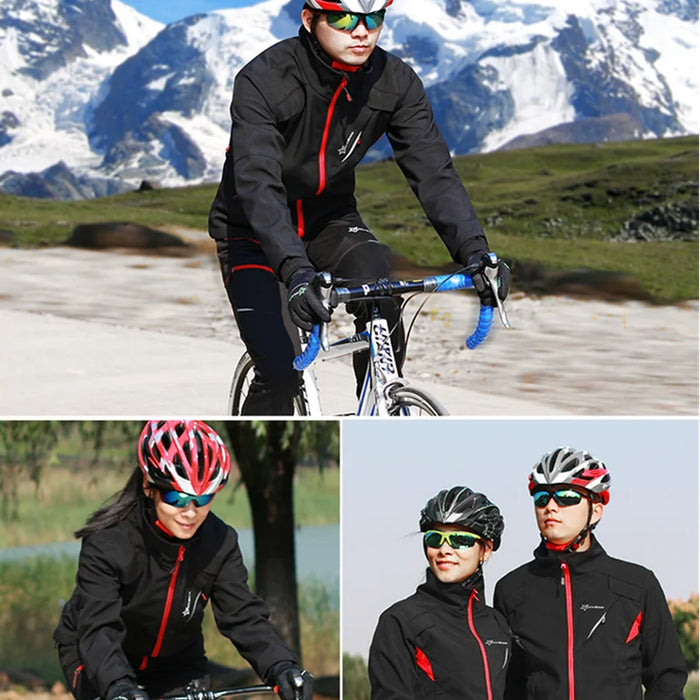 ROCKBROS Cycling Clothing Set Winter Windproof Reflective Cycling Jersey Thermal Fleece Pants Rainproof Set Men Women Sportswear