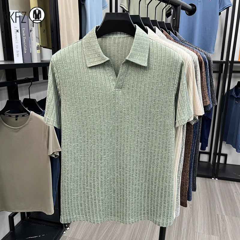 Men's Knitted Polo T Shirt Short Sleeve Ribbed Striped Design Breathable Fabric Lightweight Casual Business Summer Top