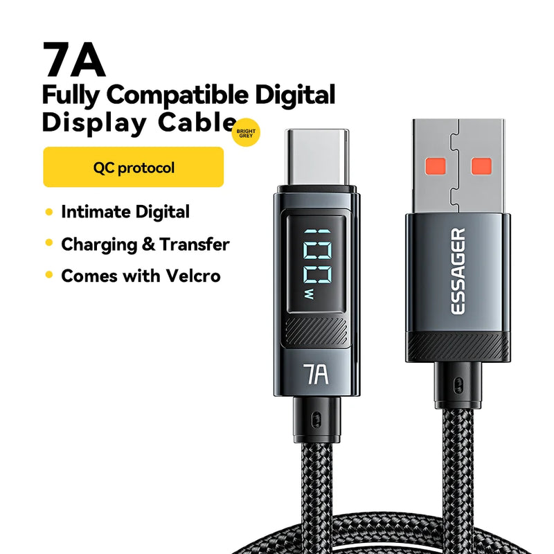 ខ្សែសាក Essager 100W USB Type C 90° LED Digital Display Cable 5A PD Fast Charging សម្រាប់ iPhone 16 15 Huawei Xiaomi Samsung MacBook