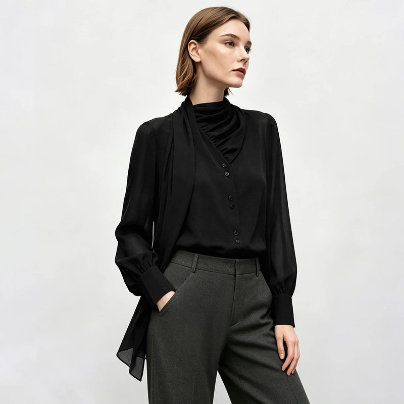Amii Women's Blouse 2026 Autumn New V-Neck Elegant Long Sleeve Chiffon Top With Tie Neck Loose Flowy Shirt For Women 12653004