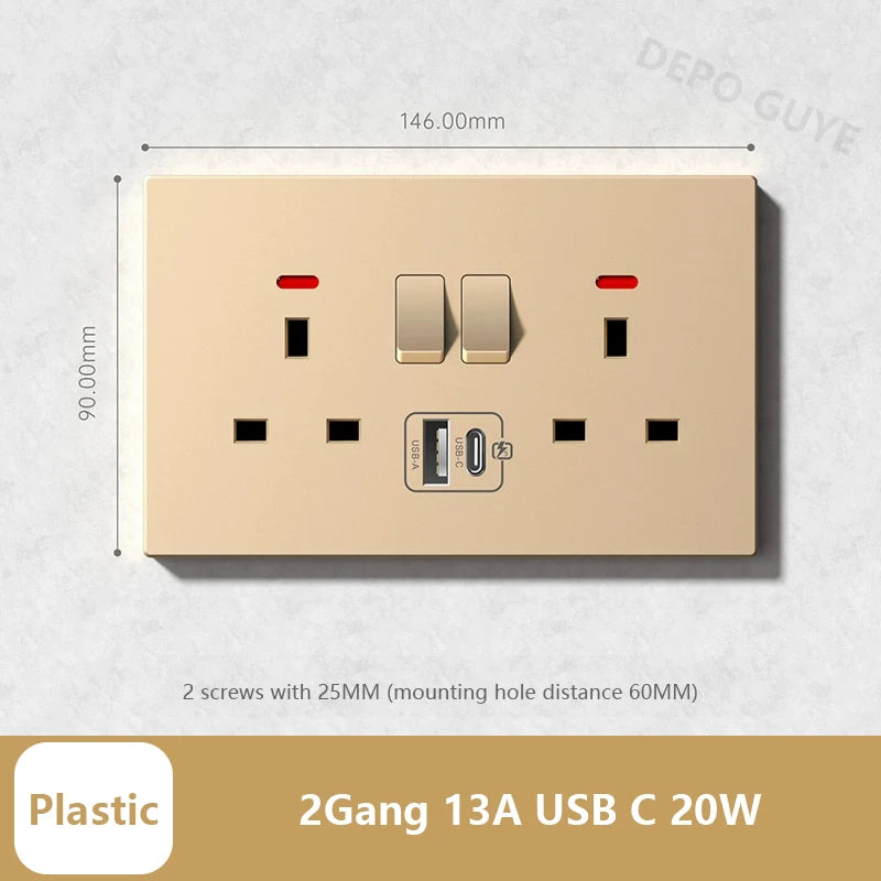 Universal 20W Type-C Wall Quick charge Socket,Dual Switch control Universal Power outlet,White UK Standard USB Interface Socket