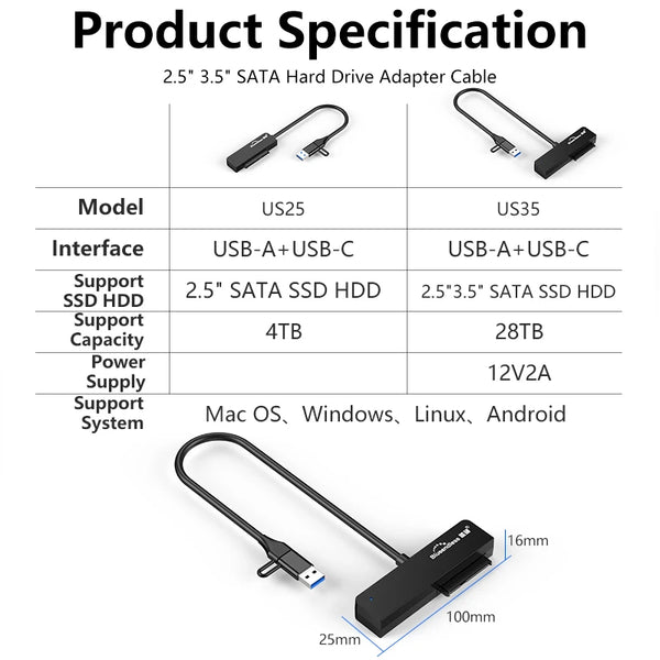 អាដាប់ទ័រ USB 3.0 ទៅ SATA III របស់ Blueendless សម្រាប់ឧបករណ៍បម្លែង USB-A ប្រភេទ C សម្រាប់ខ្សែផ្ទេរទិន្នន័យដ្រាយវ៍រឹងខាងក្រៅ SSD ទំហំ 2.5 អ៊ីញ 3.5 អ៊ីញ