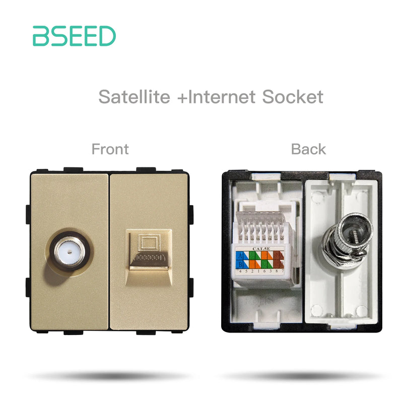 BSEED DIY Modules EU Plastic Panel Gold Double USB Socket Internet CAT5 RJ45 ST TV Power Socket Wall-Mounted Free Combination