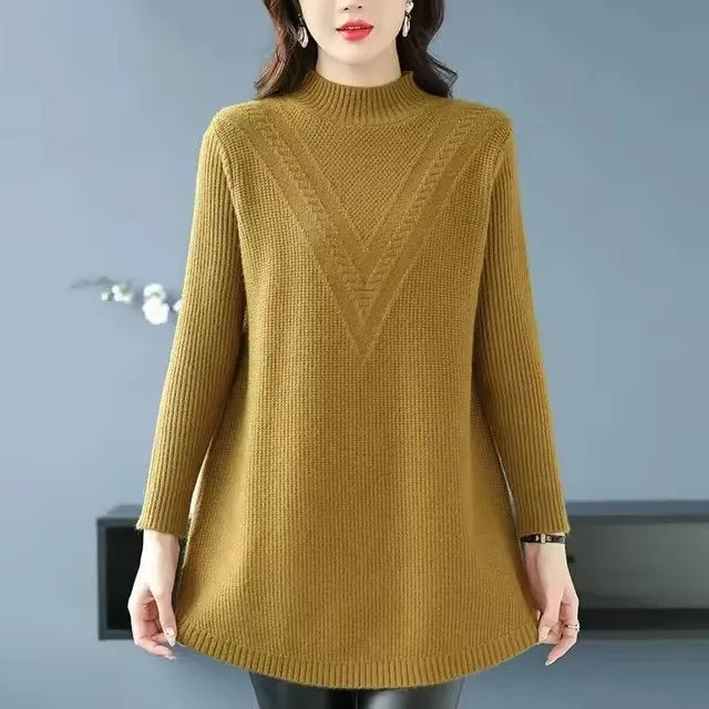 Mother Long Sleeve Casual Long Wool Sweaters New Autumn Winter Large Size Women Pullovers Fashion Half Turtleneck Knitted Dress