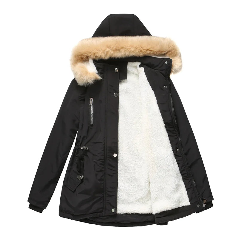 Winter New Arrival Women's Dark Brown Hooded Mid-Length Coat, Stylish and Warm Thick Jacket. Khaki, Black, Blue, Pink Parkas.