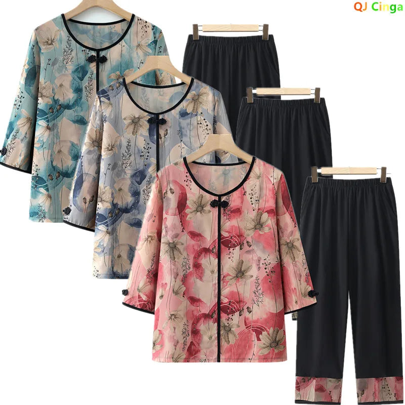 New Summer Women's Two-piece Set: A Chinese-style Mid-sleeve Blouse Paired with Elastic-waist Pants, Available in Blue,Green,Red