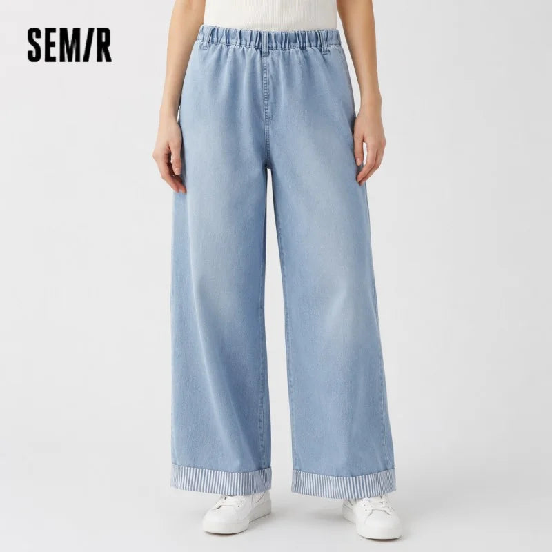 Semir Women Jeans Soft Cool Patchwork Striped Wide Leg Denim Pants 2026 Summer Trendy Loose