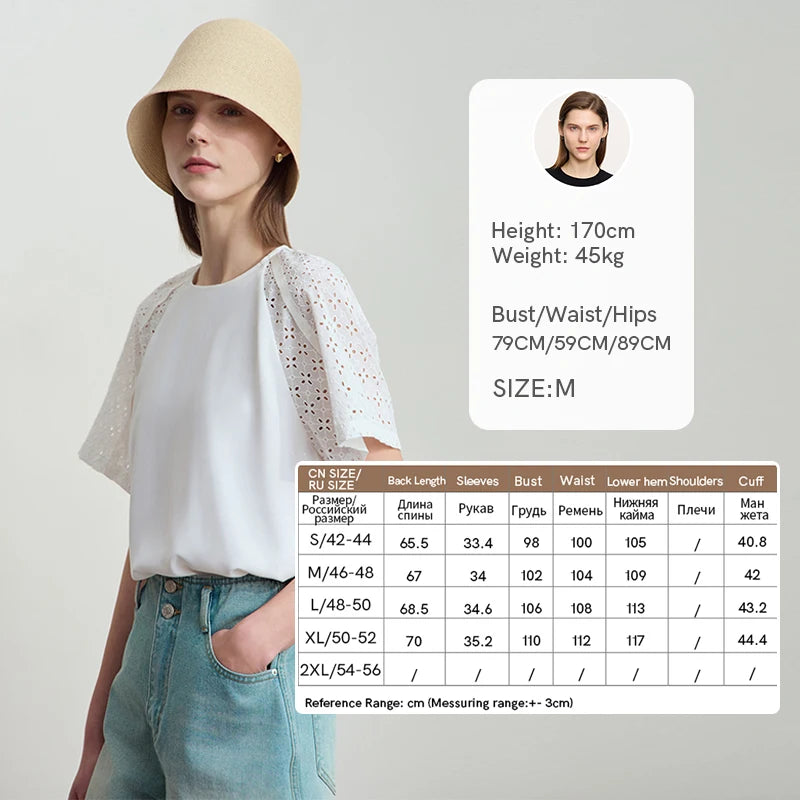 Amii Women's Tops 2026 Summer Chiffon Blouse Loose Raglan Sleeves O-Neck Hollow Texture Block Patchwork Female T-Shirts 12542031