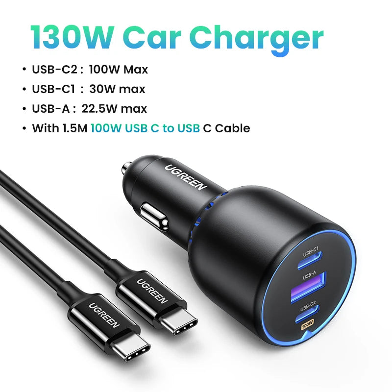 UGREEN 130W USB C Car Charger For Xiaomi iPhone 18 Samsung Galaxy S25 Laptops Tabet PD3.0 Fast Charging USB Type C Car Charger