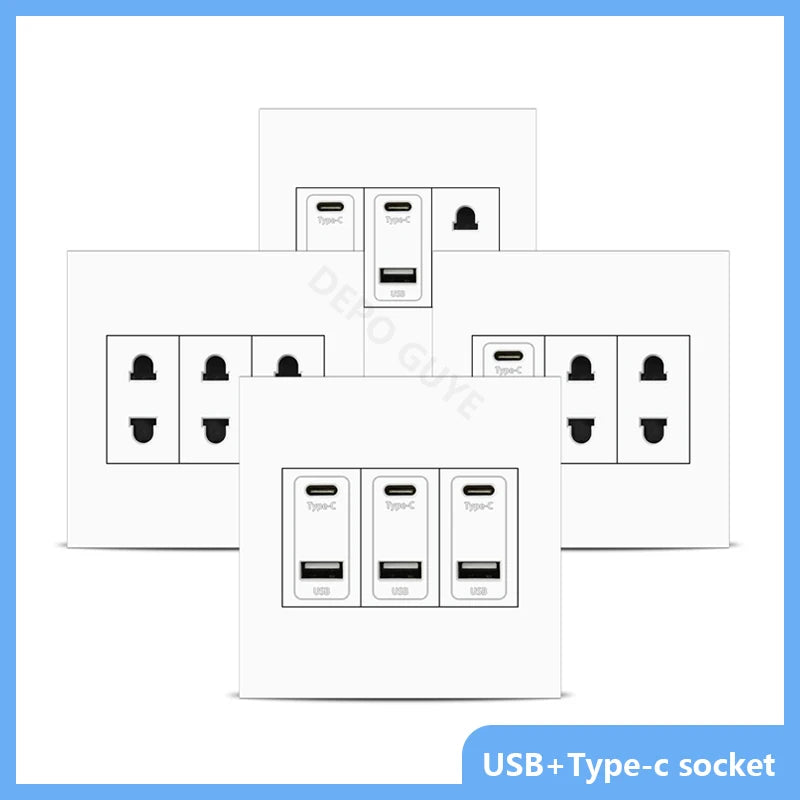 EU RU UK Standard USB Type C Port Power Wall Socket,Universal usb type c 220V Electrical Socket,White Power Outlet with 2holes