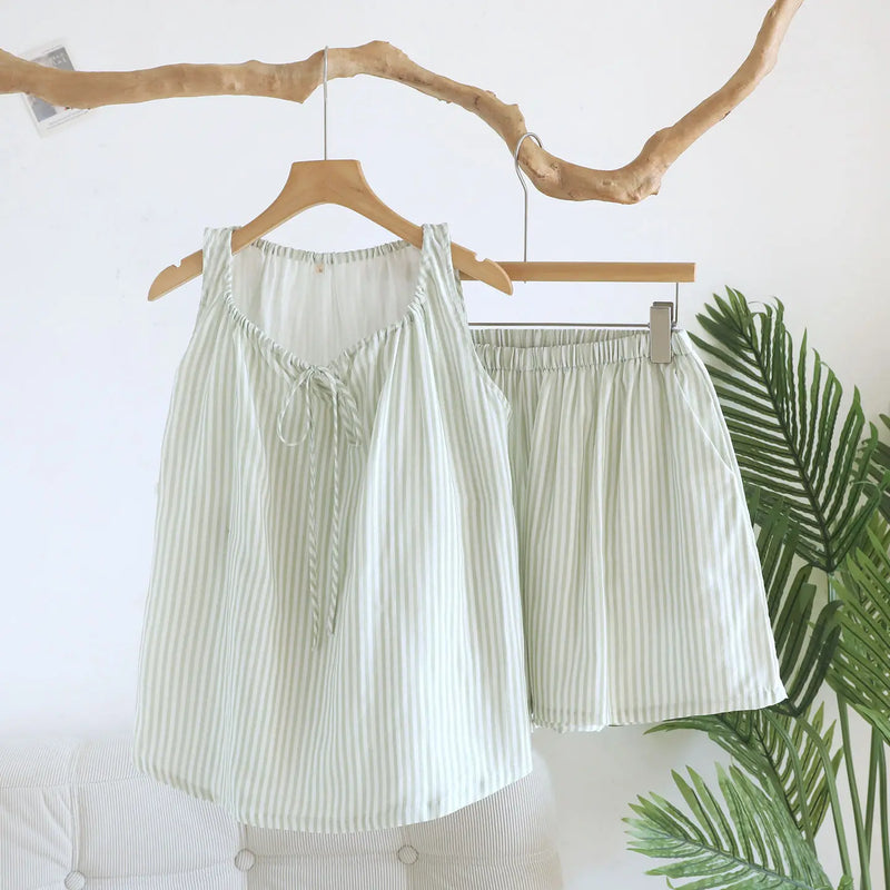 Thin Summer Pajamas Woman Sleepwear Shorts 2 Piece Set Striped Sleeveless Pyjama Gauze Cotton Women's Sleeping Clothes Pijama
