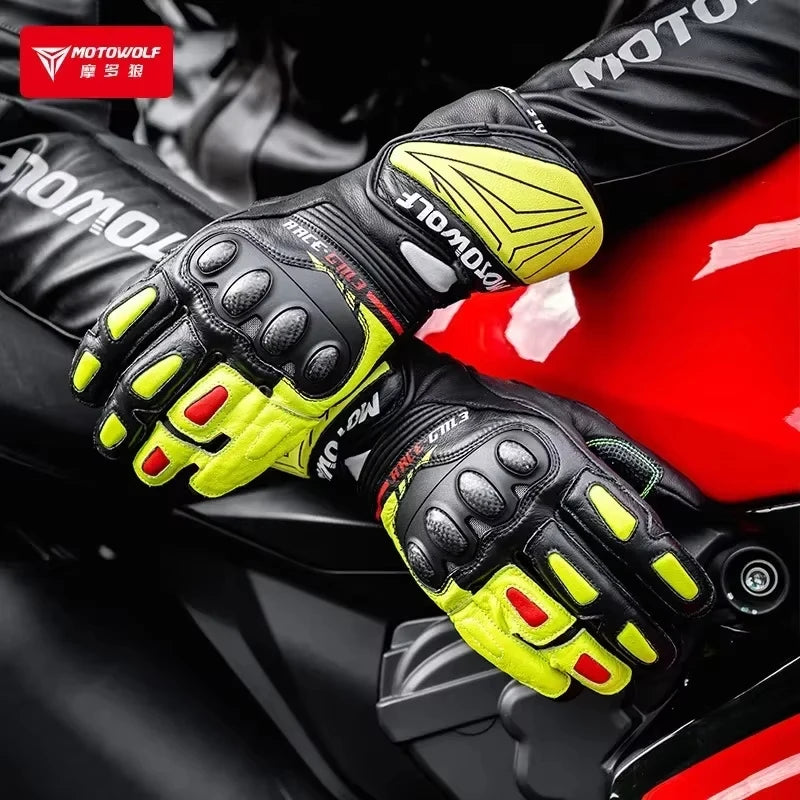 ស្រោមដៃម៉ូតូ Motowolf GM3 ស្បែកសុទ្ធសម្រាប់បុរស ធន់នឹងខ្យល់ អេក្រង់ប៉ះ កំណែវែង ធន់នឹងការដួលរលំ ស្រោមដៃប្រណាំងម៉ូតូ