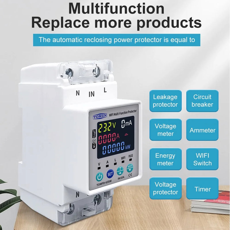 TOMZN 2P 63A AC 110V 230V TUYA WIFI Smart Switch kWh Metering Circuit Breaker Timer with Voltage Current and Leakage Protection