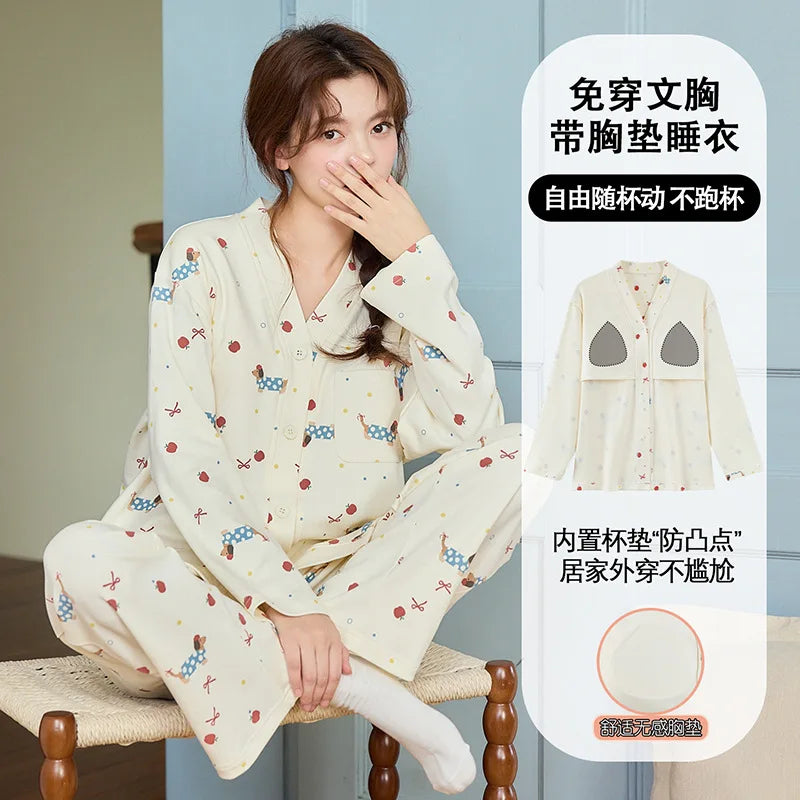 Chest Pad Long Sleeve Shirt Trousers Sets Big Size Women's Pajamas Cartoon Printed Cotton Sleepwear For Sleeping Home Suit