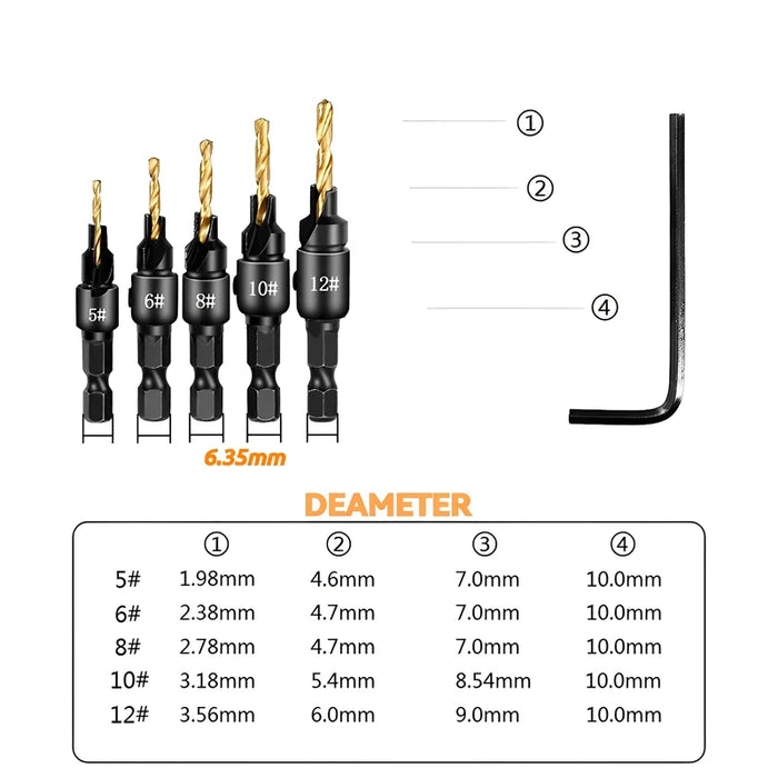 5pcs Countersink Drill Woodworking Drill Bit Set Drilling Pilot Holes for Screw Sizes #5 #6 #8 #10 #12 Cutter Screw Hole Drill