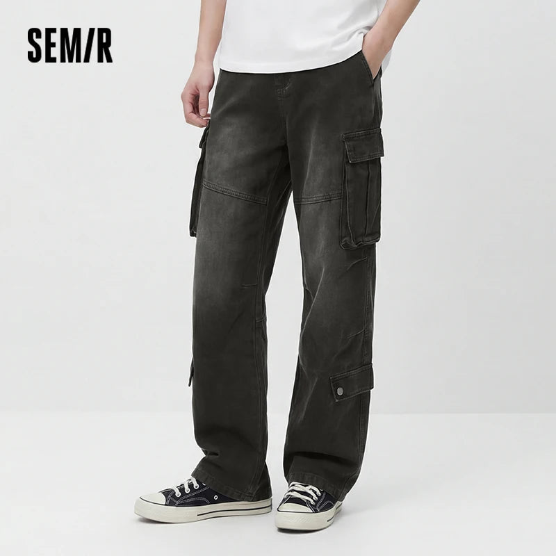 Semir Men Pants Denim American Vintage Workwear Loose Multi Pocket Straight Leg Drape 2026 Summer Fashion Casual Top