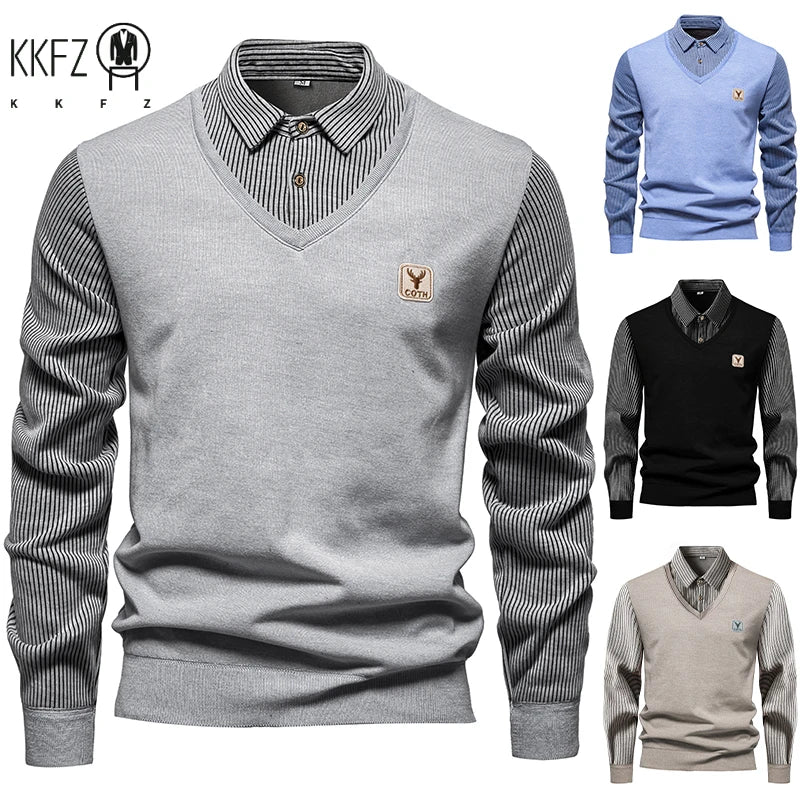 Male Business Knitted Sweater Fake Two Piece Vest Outer Striped Long Sleeve Lapel Shirts Soft Warm Daily Pullover