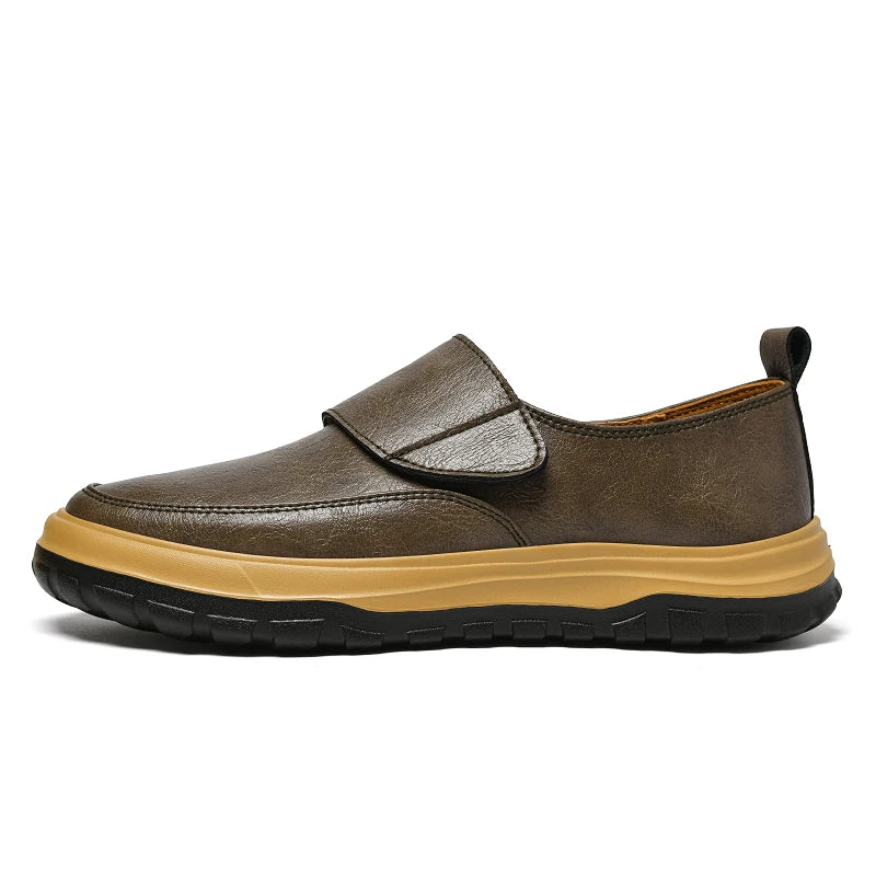 Men's Slip-On Casual Leather Loafers, Natural Leather Upper, Hook and Loop Strap, Black
