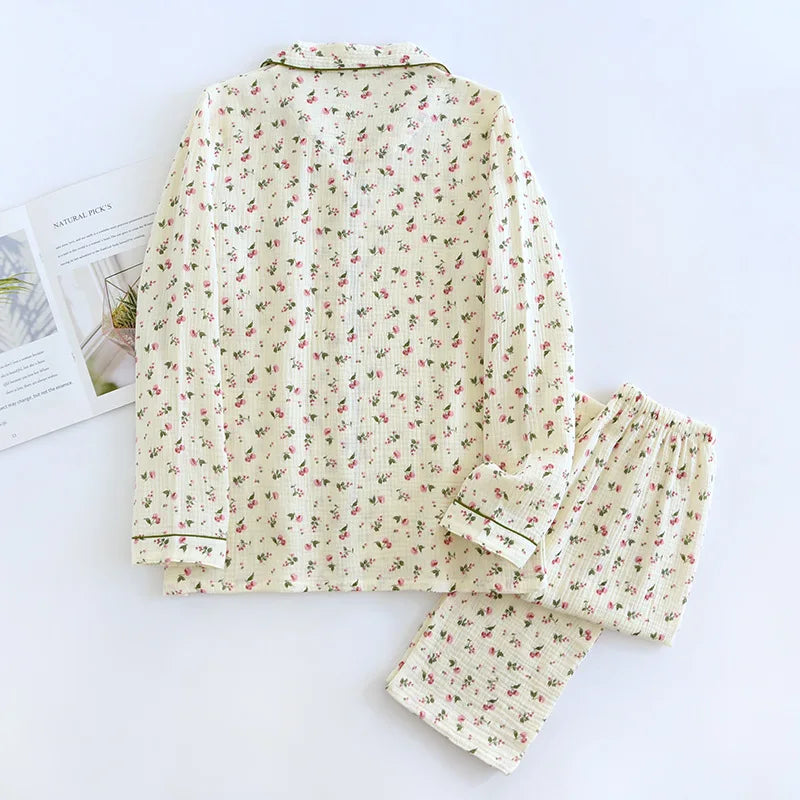 2026 Spring and Autumn Women's Pajama Set 100% Cotton Crepe Long sleeved Pants Two piece Cute and Sweet Ladies Home Fury Set