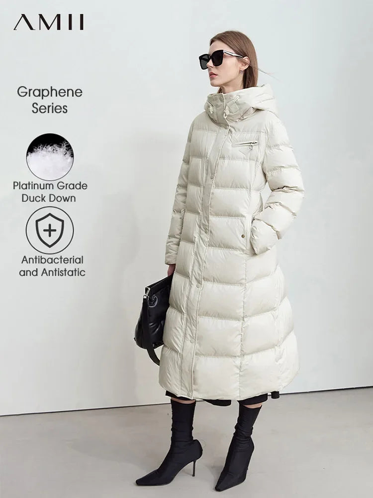 Amii 2026 Winter New Warm Hooded Graphene Lining Long Down Jacket Women Leather Brand Decorative Fashion Commuter Coat 12444029