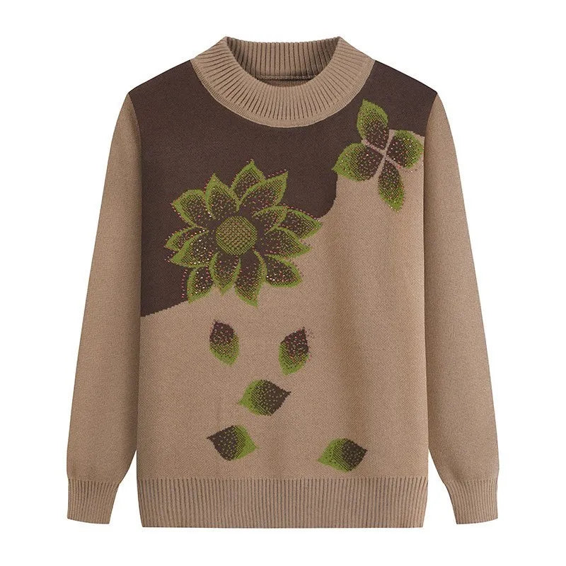 Winter Clothes Grandma Pullover Knitted Sweater Thick Middle-Aged Elderly Mother Bottoming Shirt Velvet Long Sleeve Top Women