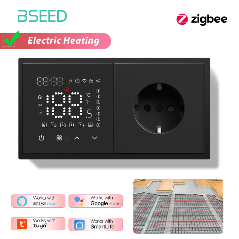 BSEED Zigbee Thermostat Smart Electric Floor Heating Water Boiler With Socket Alexa Google Temperature Controller Plastic Frame