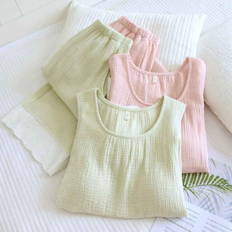 Two Piece Thin Sleeveless Pajamas Woman Summer Sleepwear Cotton Home Suit Sleep Loose Lounge Pijama Wear Women's Home Clothes