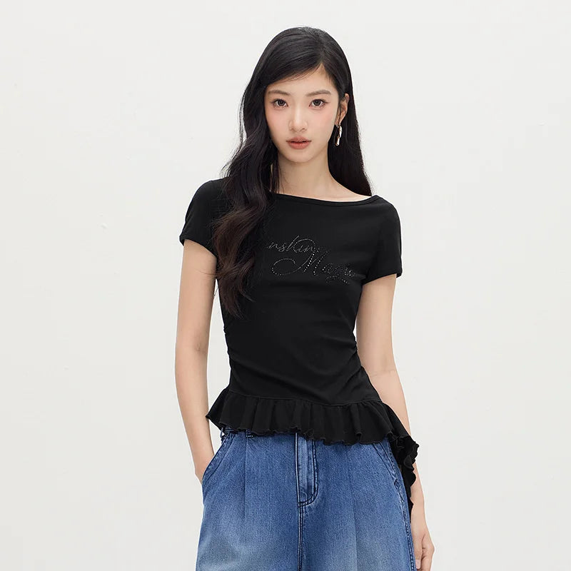 Semir Women Tshirt One Shoulder Ruffle Rhinestone Cropped Top 2026 Summer Fashion