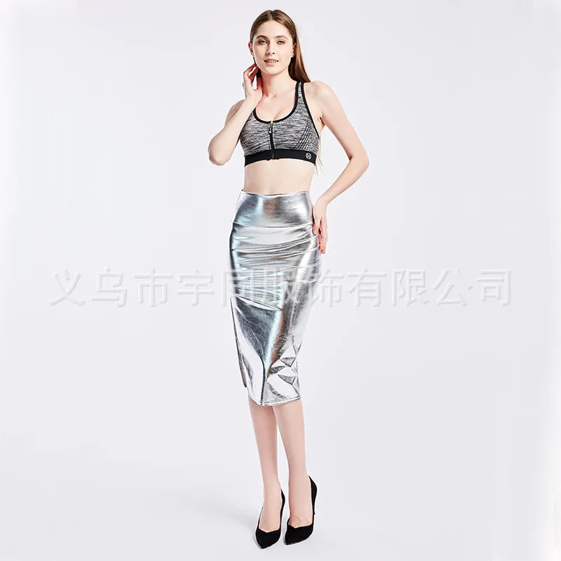 Gold Women's Shiny Knee-length Skirt, Asian Sizes, Available in Blue, Silver, and Black.