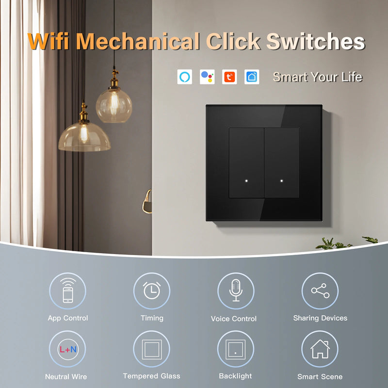 BSEED 1/2/3/4Gang 2Way Smart WIFI Light Switch Click Button Switch Support Tuya Smart Life Alexa Control Glass Panel Black Color
