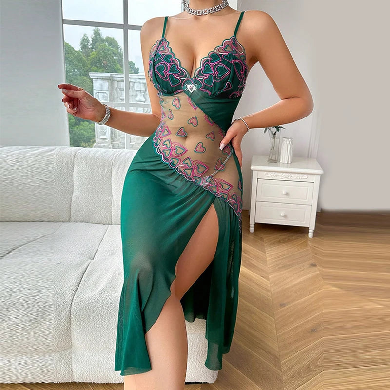 Heart Embroidery Sexy Nightwear Pajamas Women Sexy Nightgown Mesh Splicing Summer Pajamas V-Neck Hollow Suspenders Night Dress