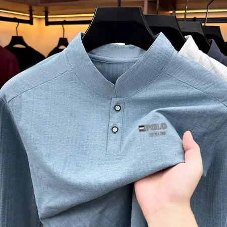 Breathable Vertical Texture Henley Pullover Men Long Sleeve Mandarin Collar Two Button Front Versatile Everyday Garment