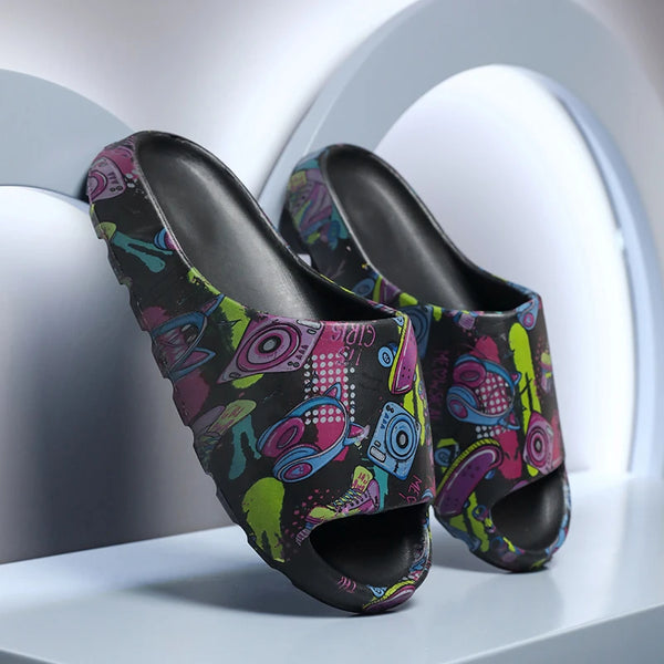 Hip Hop Music Graffiti Printed Slide Sandals Soft Cushioned EVA Cloud Slides Indoor Outdoor Beach Shower Slippers Big Size
