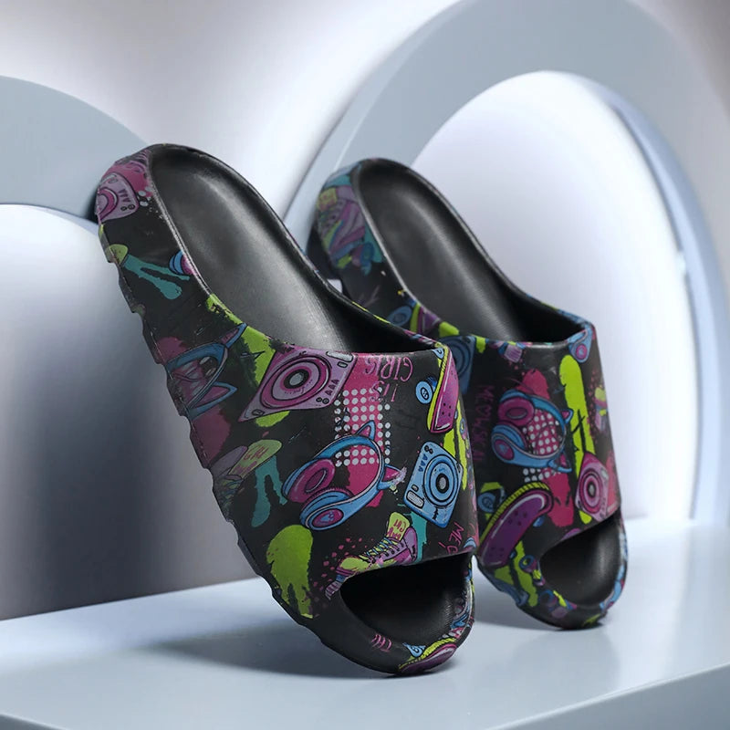 Hip Hop Music Graffiti Printed Slide Sandals Soft Cushioned EVA Cloud Slides Indoor Outdoor Beach Shower Slippers Big Size